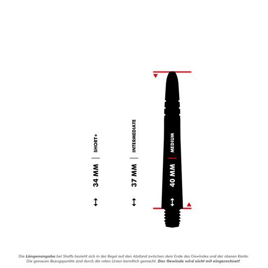 Winmau Vecta Shafts - Blue Red Das Bild zeigt drei verschiedene Längen von Dartshafts: 34 mm (Short+), 37 mm (Intermediate) und 40 mm (Medium). Die roten Linien markieren, wie die Länge ohne das Gewinde gemessen wird.