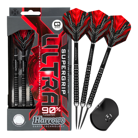 Harrows Supergrip Ultra Quick Point Steel Darts Abgebildet sind Harrows Supergrip Ultra Quick Point Steeldarts. Das Set ist in voller Länge dargestellt.