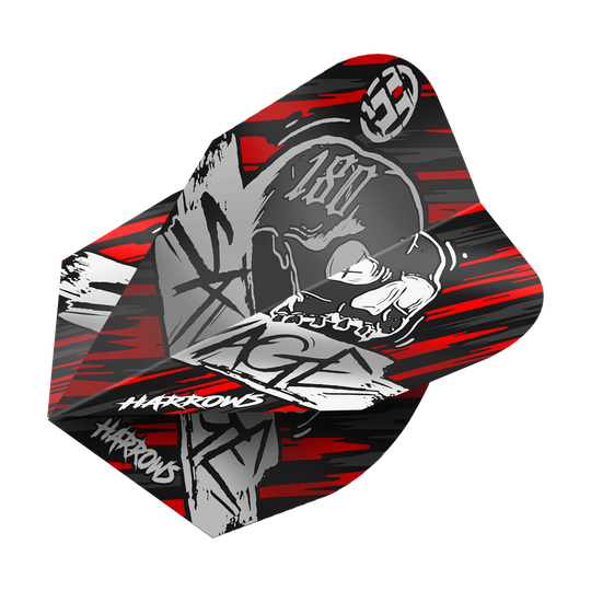 Harrow's Savage Red Silver No6 Flights Das Bild zeigt das Produkt "Harrows Savage Red Silver No6 Flights". Das Design ist in Rot, Silber und Schwarz gehalten und zeigt einen Totenkopf mit den Worten "Harrows" und Graffiti-Elementen.