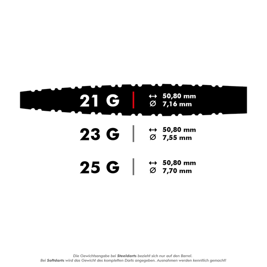 Winmau Firestorm Flame Tapered Steeldarts Das Bild zeigt drei verschiedene Gewichte von Steeldarts: 21 g, 23 g und 25 g, jeweils mit ihren entsprechenden Maßen. Für alle Gewichte beträgt die Länge 50,80 mm, während der Durchmesser von 7,16 mm bis 7,70 mm variiert.
