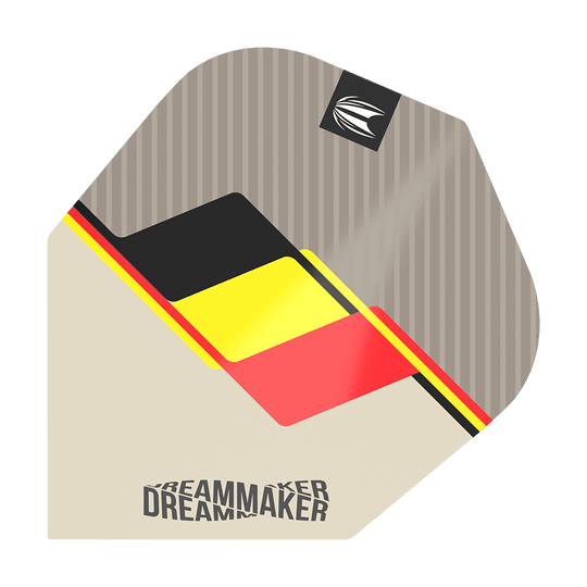 Das Bild zeigt ein Target Pro Ultra Dimitri Van Den Bergh No6 Dart-Flight. Das Design enthält die Farben Schwarz, Gelb und Rot mit dem Schriftzug "Dreammaker".