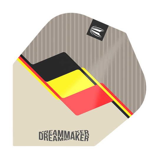 TG77_336500_Target_Pro_Ultra_Dimitri_Van_Den_Bergh_2022_No6_Flights_1WKTOPeCmhZUnF Das Bild zeigt ein Target Pro Ultra Dimitri Van Den Bergh No6 Dart-Flight. Das Design enthält die Farben Schwarz, Gelb und Rot mit dem Schriftzug "Dreammaker".