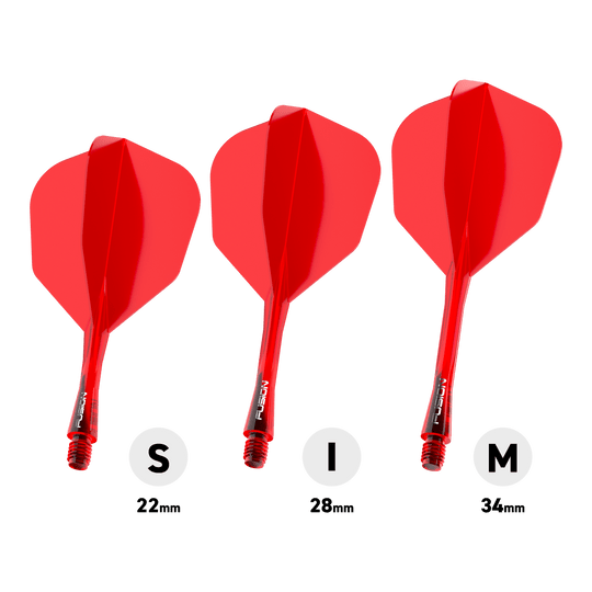 Das Bild stellt das Winmau Fusion Flight-Shaft-System No6 in Rot dar. Dieses System kombiniert Flight und Shaft in einem roten Design.