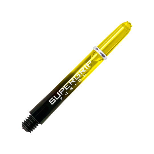 HR349_Harrows_Supergrip_Fusion_Shafts_Gelb_40mm_2tskUGzg6hNNOx Das Bild zeigt ein Harrows Supergrip Fusion Shaft in der Farbe Gelb. Der Schriftzug "SUPERGRIP FUSION" ist deutlich auf dem Schaft zu sehen.