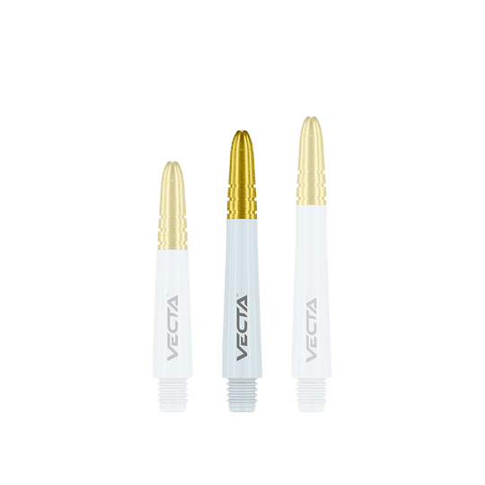 Winmau Vecta Shafts - Weiß Gold Auf dem Bild sind drei Dart-Schäfte in unterschiedlicher Länge zu sehen. Sie sind weiß mit einer goldenen Spitze und tragen die Aufschrift "VECTA".