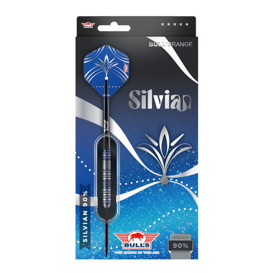 Bulls NL Silvian Steeldarts Die Abbildung zeigt die Verpackung der "Bulls NL Silvian Steeldarts". Die Verpackung ist vorwiegend blau und silber gestaltet und hebt die Marke sowie den Namen "Silvian" hervor.