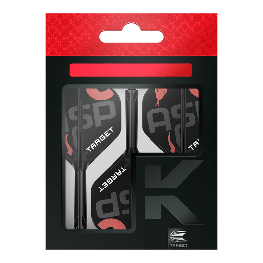 Target K-Flex Nathan Aspinall No2 Standard Flight Shaft System Auf dem Bild ist eine Verpackung mit Dart-Flights und Schäften der Marke Target zu sehen. Die Verpackung ist überwiegend schwarz mit roten und weißen Akzenten gestaltet.