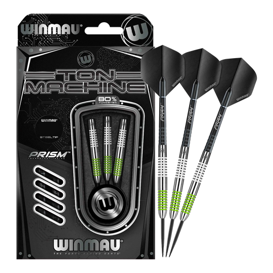 Das Bild zeigt das Set der Winmau Ton Machine Steeldarts in voller Ansicht. Diese Steeldarts sind ideal für Dartliebhaber.