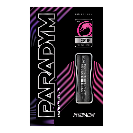 Das Bild zeigt die Verpackung der Red Dragon Paradym Torpedo Softdarts mit einem Gewicht von 20g. Auf der Verpackung sind ein Dartpfeil, das Red Dragon Logo und moderne Designelemente in Schwarz, Pink und Lila zu sehen.