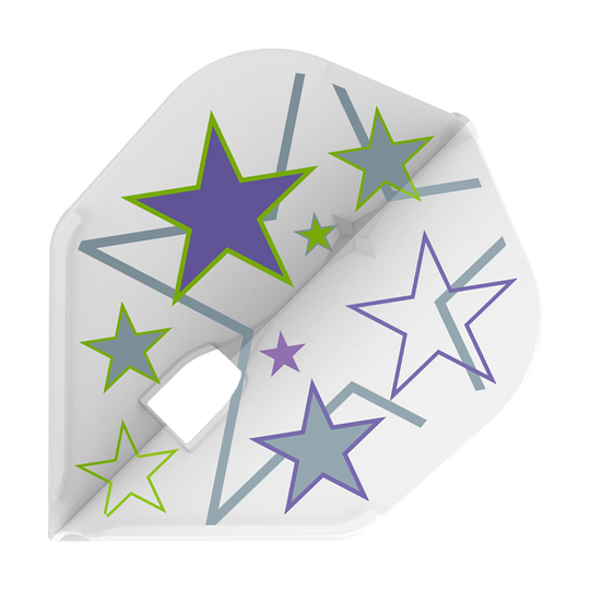 Das Bild zeigt einen weißen Dartflug mit mehreren bunten Sternen in Lila, Grau und Grün als Design. Es handelt sich um das Produkt "L-Style Ryan Murray V1 White L3PRO Flights".