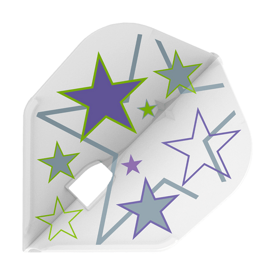 L-Style Ryan Murray V1 White L3PRO Flights Das Bild zeigt einen weißen Dartflug mit mehreren bunten Sternen in Lila, Grau und Grün als Design. Es handelt sich um das Produkt "L-Style Ryan Murray V1 White L3PRO Flights".