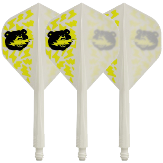 Condor Axe Black Bear Miyu Miyawaki Flight-Shaft White - Standard Das Bild zeigt drei weiße Dartflights mit gelben Blitzen und einem schwarzen Bärenkopf als Motiv. Die Flights sind Teil des Produkts "Condor Axe Black Bear Miyu Miyawaki Flight-Shaft White - Standard".