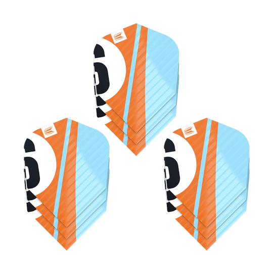 337215_Target_ProUltra_3Sets_Chicane_Orange_Ten-X_Flights_1f7DO0yiIyvmZ8 Das Bild zeigt drei Sets von Target Pro Ultra Chicane Orange Ten-X Flights. Die Flights sind farblich in Orange, Hellblau und Schwarz gestaltet.