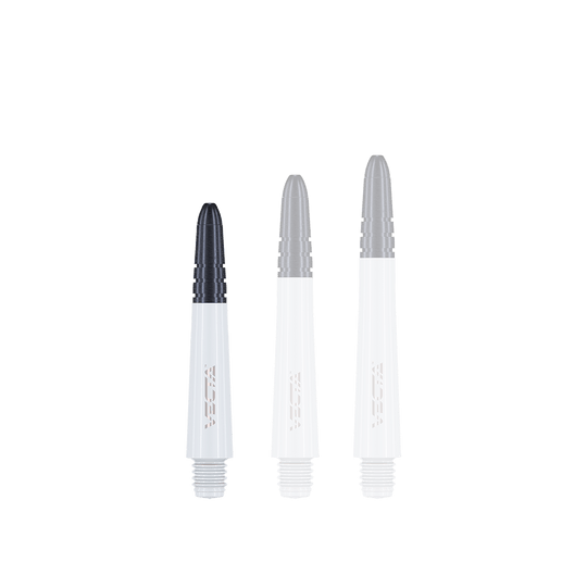 7025-102_Winmau_Vecta_Shafts_Weiss_34mm_1RtbDMXjAC0Hhc Auf dem Bild sind drei weiße Winmau Vecta Shafts in unterschiedlichen Längen zu sehen. Die Spitzen der Shafts sind schwarz gehalten.