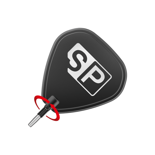 Target Swiss Point Chrono Dart Tips - Black Das Bild zeigt eine schwarze Dartspitze mit dem weißen Logo "SP" darauf. Eine rote Pfeilmarkierung deutet eine Drehbewegung zum Anbringen oder Entfernen der Spitze an.