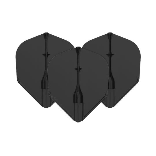 L-L-Style3EZ Flights Auf dem Bild sind drei schwarze Dartflights zu sehen. Sie sind in einer Reihe angeordnet und haben eine klassische Form.