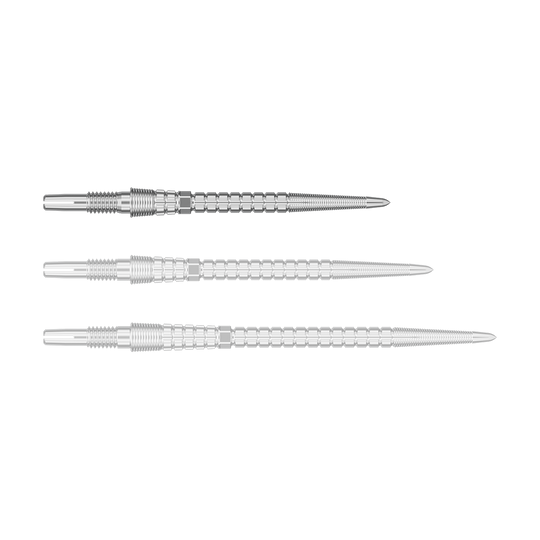 Target Chrono Swiss Storm Point Dart Tips - Silver Eine silberne Dartspitze ist einzeln fotografiert. Sie liegt waagerecht.