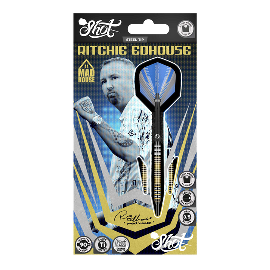 Abgebildet sind die Shot Ritchie Edhouse Madhouse Steeldarts. Sie zeigen das markante Design und die hochwertige Verarbeitung der Darts.