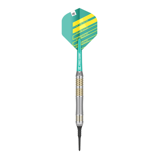 Target Rob Cross Brass Soft Darts - 18g Das Bild zeigt einen Softdart der Marke "Target Rob Cross Brass Softdarts - 18g". Der Dart hat eine grün-gelbe Flight und einen silber-goldenen Schaft.