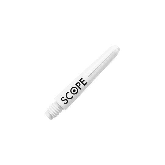 Das Bild zeigt einen weißen Nylon-Schaft für Darts mit der Aufschrift "SCOPE". Es handelt sich um das Produkt "McDart Scope Nylon Shafts".