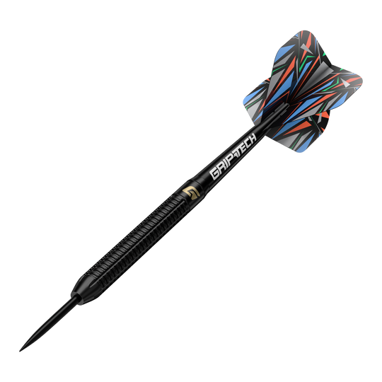 GOAT Athlete Black Brass Steeldarts - 13g Dies ist der GOAT Athlete Black Brass Steeldart mit einem Gewicht von 13g. Der Dart hat ein schwarzes Design mit buntem Flight und der Aufschrift "GRIPTECH".