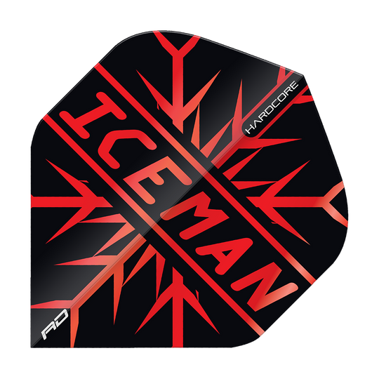 TF6872_Red_Dragon_Hardcore_Gerwyn_Price_Red_Premium_Standard_Flights_1 Das Bild zeigt ein Dartflight mit dem Aufdruck "ICEMAN" in roten Buchstaben auf schwarzem Hintergrund. Es handelt sich um das Produkt "Red Dragon Hardcore Gerwyn Price Red Premium Standard Flights".