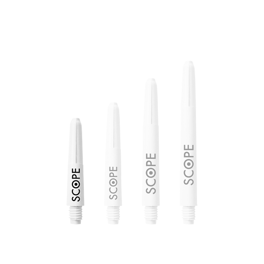 Das Bild zeigt vier weiße McDart Scope Nylon Shafts in unterschiedlichen Längen. Auf jedem Schaft steht das Wort "SCOPE" in schwarzer Schrift.