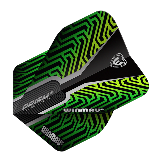 Das Bild zeigt ein Dartflight des Modells "Winmau Prism Delta Kairos No2 Standard" in Grün. Das Flight hat ein auffälliges, geometrisches Muster in Grün- und Schwarztönen mit dem Winmau-Logo.