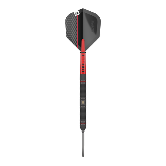 Target Scope 01 Swiss Point steel darts Auf dem Bild ist ein Target Scope 01 Swiss Point Steeldart zu sehen. Der Dart hat ein modernes Design in Schwarz und Rot mit einer strukturierten Oberfläche.