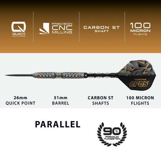 Harrow's Opus Quick Point steel darts Das Bild präsentiert die Harrows Opus Quick Point Steeldarts - 23g. Sie zeichnen sich durch ihre hochwertige Verarbeitung aus.