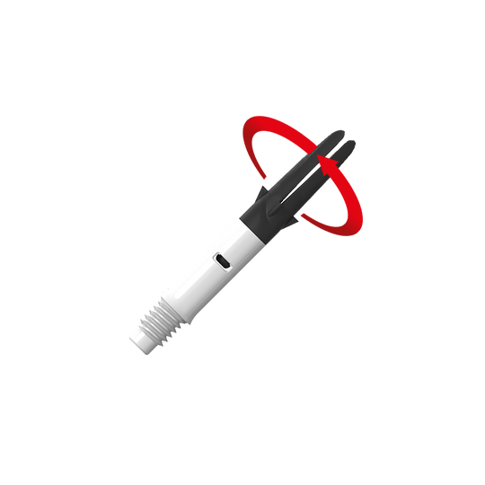 L-L-Style-Shaft Carbon Silent Straight - White Das Bild zeigt einen weißen und schwarzen Dart-Schaft mit einem Gewinde am unteren Ende. Ein roter Pfeil deutet auf eine Drehbewegung des oberen Teils hin.