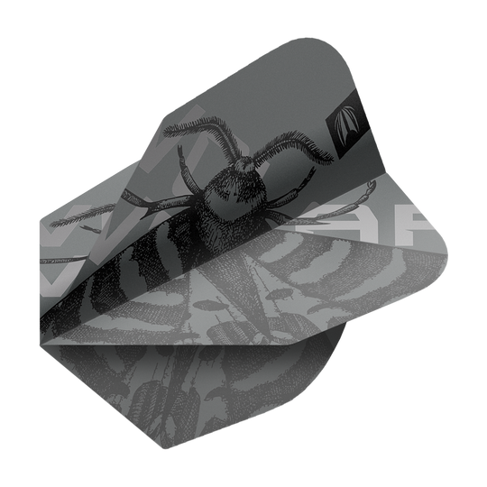 Target Pro Ultra Volar No6 Flights - 3 Sets Das Bild zeigt ein Dartflight mit einem schwarz-grauen Design und einer Abbildung eines Insekts. Es handelt sich um das Produkt "Target Pro Ultra Volar No6 Flights - 3 Sets".