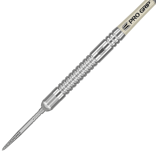 Das Bild zeigt einen silbernen Steeldartpfeil mit gerilltem Griffbereich. Auf dem Schaft steht "PRO GRIP" geschrieben.
