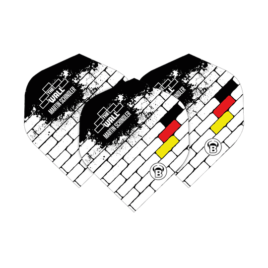 Bulls B-Star Martin Schindler White No2 Standard Flights Das Bild zeigt drei Dart Flights des Modells "Bulls B-Star Martin Schindler White No2 Standard". Die Flights sind weiß mit einem schwarzen Ziegelmuster und zeigen die deutschen Farben sowie den Schriftzug "THE WALL Martin Schindler".