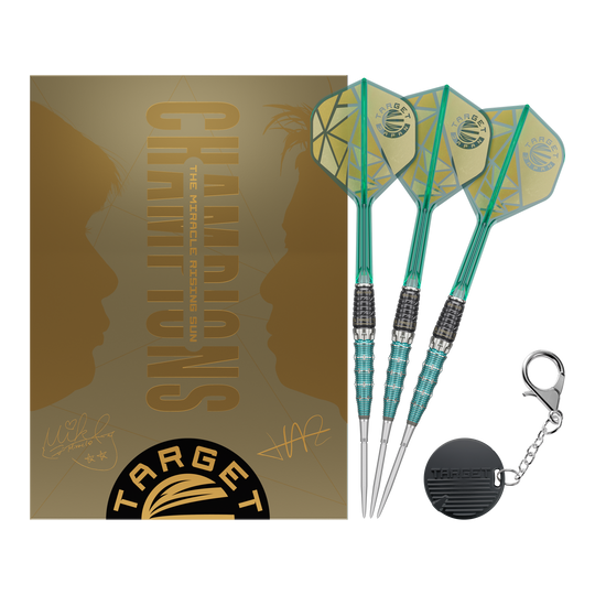 Target Japan The Rising Miracle Combination Limited Edition Swiss Point Steeldarts Ein weiteres Gruppenbild der Target Japan The Rising Miracle Combination Limited Edition Swiss Point Steeldarts. Die Darts liegen symmetrisch.