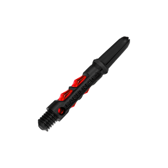 Das Bild zeigt einen Harrows Carbon ST Shaft in der Farbe Rot. Der Schaft ist schwarz mit roten Details und aus robustem Material gefertigt.
