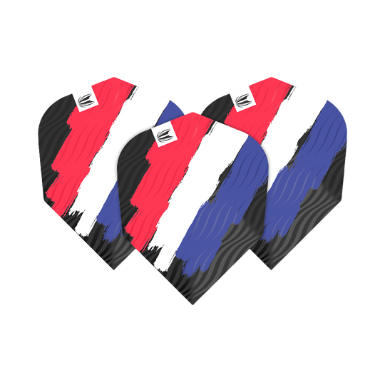 Das Bild zeigt drei Dart-Flights mit einem Muster in den Farben Rot, Weiß und Blau, das an die niederländische Flagge erinnert. Die Flights gehören zum Produkt "Target ProUltra Flag Holland No6 Flights".