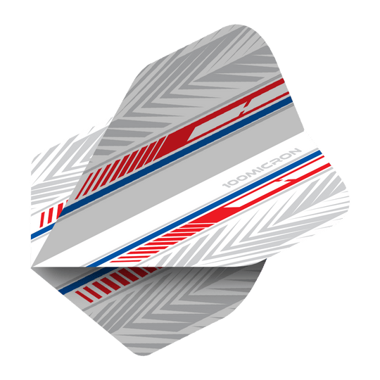 Das Bild zeigt ein Pentathlon White Red Blue No2 Standard Flight für Darts. Das Design ist überwiegend grau mit roten und blauen Akzenten sowie einem geometrischen Muster.