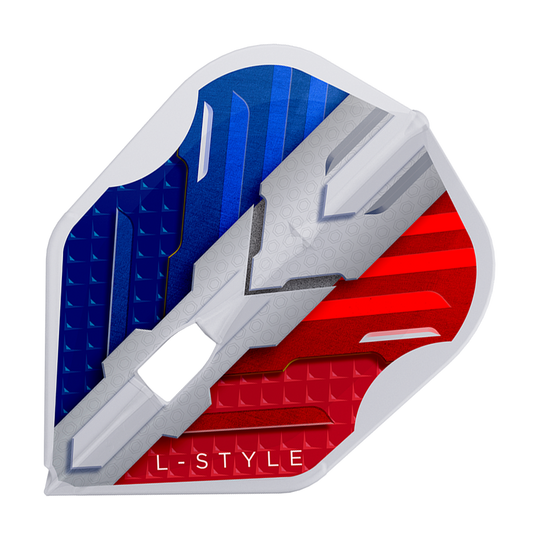 L-Style V-Series V1 Type B France Clear White L3PRO Flights Das Bild zeigt das Produkt "L-Style V-Series V1 Type B France Clear White L3PRO Flights". Die Dart-Flight ist in den Farben Blau, Weiß und Rot gestaltet und trägt die Aufschrift "L-STYLE".