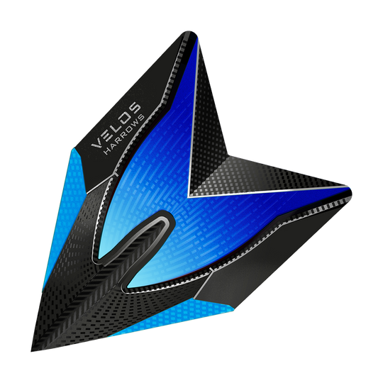 HR1012_Harrows_Blue_2020_Velos_Flights_1 Dies ist ein Harrows Velos Flight in Blau. Das Flight-Design ist modern mit schwarzem und blauem Muster.