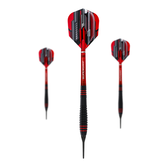 Auf dem Bild sind drei Harrows ACE Rubber Grip Softdarts zu sehen. Die Pfeile haben rote Flights mit schwarzem und silbernem Muster sowie schwarze Griffe mit roten Akzenten.