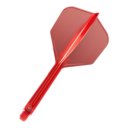 Target K-Flex No6 Flight System - Red Das Bild zeigt einen roten Dart-Flügel mit Schaft aus Kunststoff. Er hat eine sechseckige Form und ein Schraubgewinde am Ende.