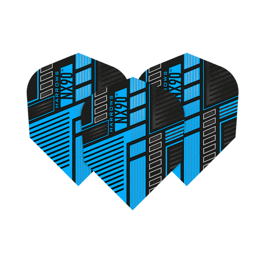 HR48_Harrows_Prime_NX90_Blue_No6_Flights_15EgPXAsSrvJnx Das Bild zeigt drei Harrows Prime NX90 Blue Flights für Darts. Die Flights sind schwarz und blau mit einem modernen, geometrischen Design.