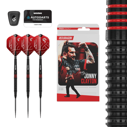 Red Dragon Jonny Clayton RD-ADV Switch Point Steel Darts Abgebildet ist ein Set Red Dragon Jonny Clayton RD-ADV Switch Point Steeldarts. Die Darts sind deutlich zu erkennen und die Beschriftung ist lesbar.
