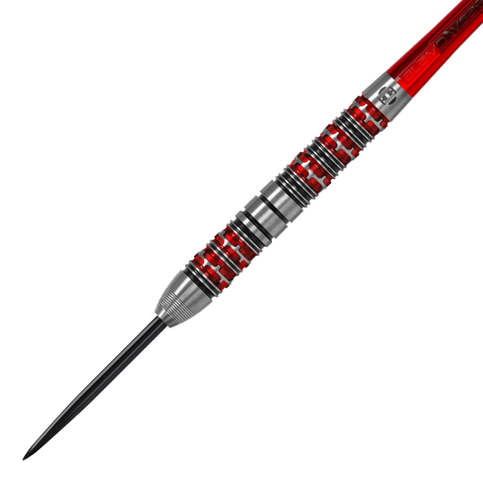 Harrow's Damon Heta Series 3 steel darts Das Bild zeigt einen Harrows Damon Heta Series 3 Steeldart. Der Dartpfeil hat ein silbernes Barrel mit roten und schwarzen Akzenten.