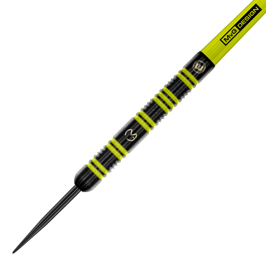 Winmau Michael Van Gerwen 85 Pro-Series steel darts Das Bild zeigt einen Winmau Michael Van Gerwen 85 Pro-Series Steeldart. Der Dart ist schwarz mit auffälligen gelb-grünen Ringen und hat das MVG-Logo eingraviert.