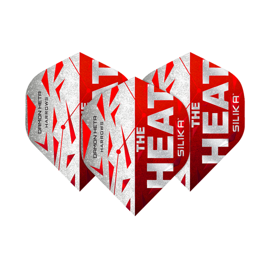 Das Bild zeigt drei Dart-Flights der Serie "Harrows Silika Damon Heta Series 3". Die Flights sind in Rot, Weiß und Silber gestaltet und tragen die Aufschrift "THE HEAT" sowie "SILIKA".