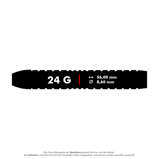Shot Michael Smith Plated Brass Steeldarts - 24g Das Bild zeigt das Produkt "Shot Michael Smith Plated Brass Steeldarts - 24g". Es sind die Maße 56,00 mm Länge und 8,60 mm Durchmesser sowie das Gewicht von 24 Gramm angegeben.
