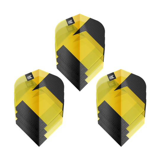 Das Bild zeigt drei gelb-schwarze Dart-Flights des Produkts "Target Pro Ultra TAG Gelb Ten-X Standard Flights". Die Flights haben ein modernes, geometrisches Design und werden als 3er-Set angeboten.