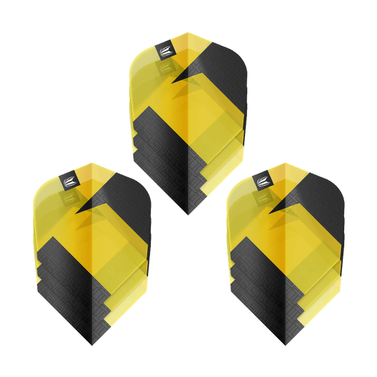 Target Pro Ultra TAG Yellow Ten-X Standard Flights - 3 Sets Das Bild zeigt drei gelb-schwarze Dart-Flights des Produkts "Target Pro Ultra TAG Gelb Ten-X Standard Flights". Die Flights haben ein modernes, geometrisches Design und werden als 3er-Set angeboten.